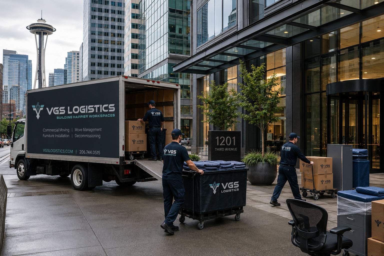 An ultra-realistic commercial moving scene in Downtown Seattle, showing a professional VGS moving crew coordinating an office relocation outside a modern high-rise office building. The skyline should subtly include recognizable Seattle architecture, with employees, rolling equipment carts, office furniture crates, and a branded commercial moving truck. The environment should feel distinctly Seattle with overcast Pacific Northwest lighting.
