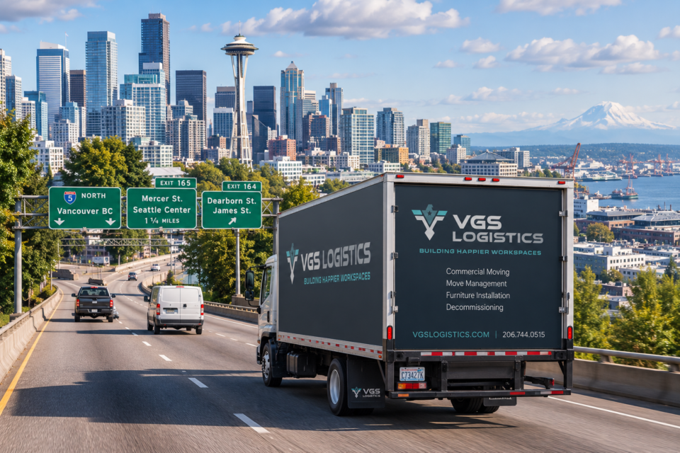 An ultra-realistic commercial moving logistics scene featuring a professional commercial moving truck traveling near Interstate 5 in Seattle, with the Seattle skyline visible in the background. The image should depict coordinated business relocation logistics with equipment containers, office assets, and a regional transportation atmosphere representative of the Puget Sound region.
