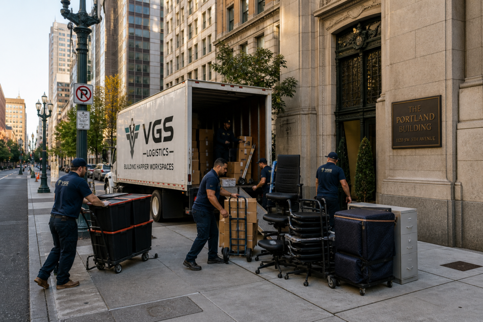 Office moving crew unloading equipment near the Portland Building in Downtown Portland commercial district.