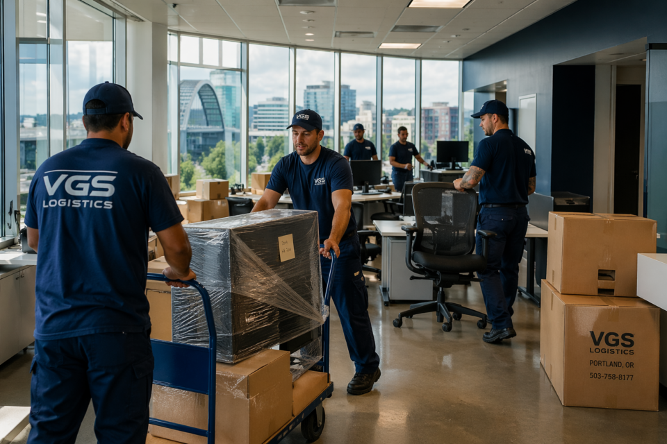 Team performing a Downtown Portland office relocation inside a modern office building