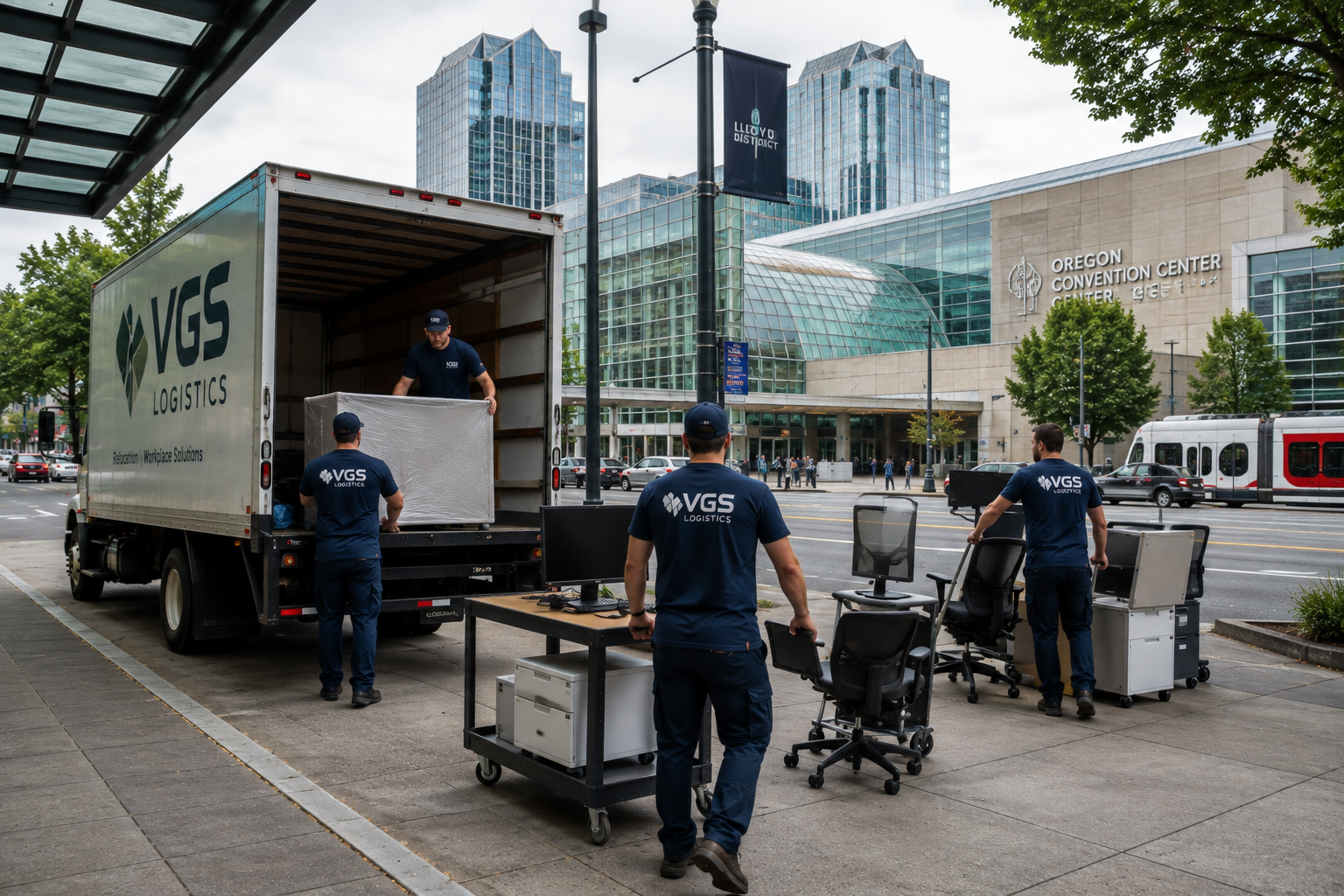 Office movers completing a commercial relocation near the Lloyd District in Portland Oregon