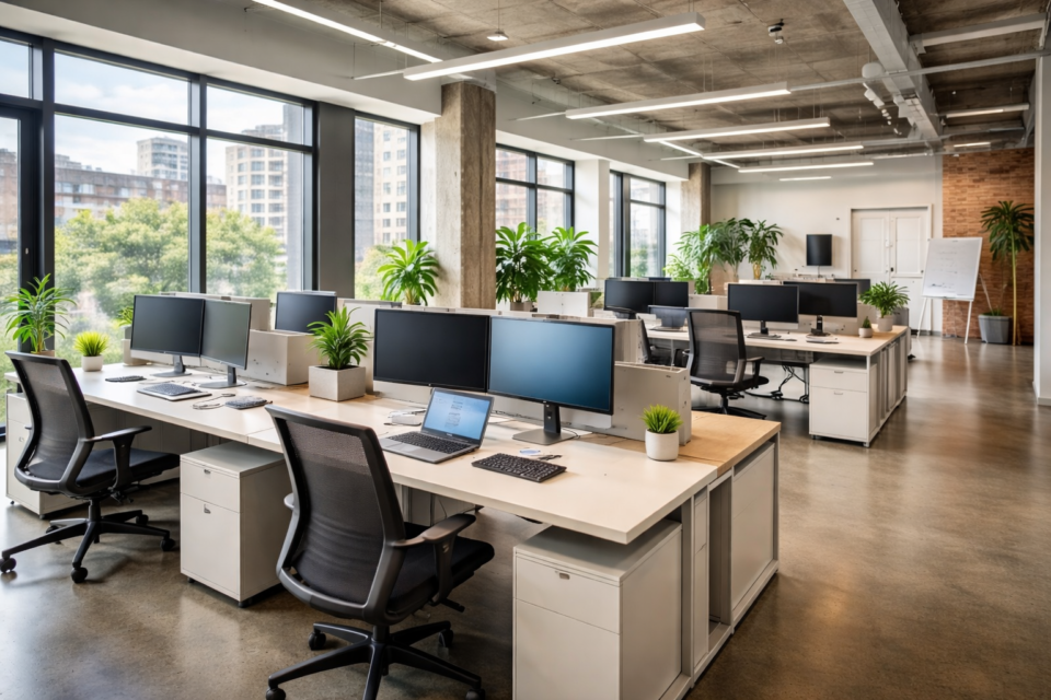 Modern office workspace after relocation in Portland showing organized desks and technology setup