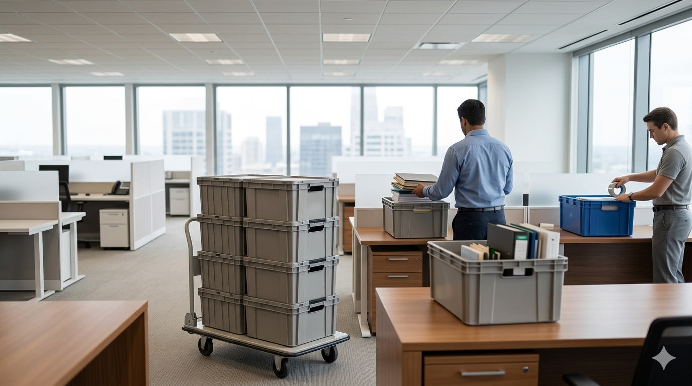 Reusable plastic moving crates stacked on a dolly during a Portland office move