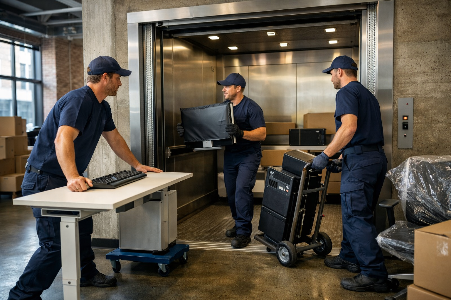 Office movers in the Pearl District transporting equipment through a downtown Portland building