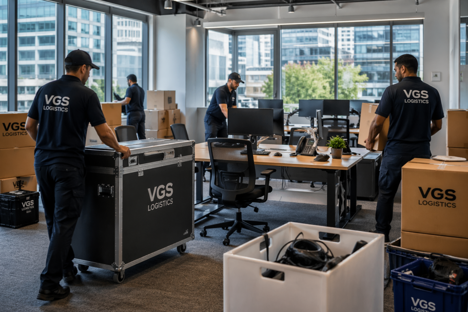 Office relocation team setting up workstations in a downtown Portland office during a commercial move