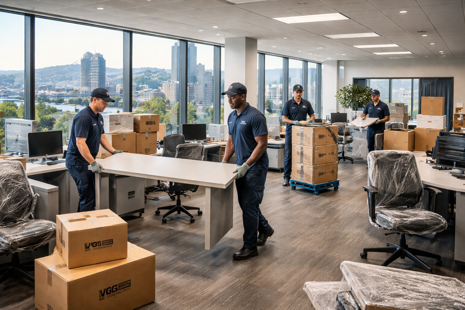 Office relocation in Downtown Portland with movers coordinating desks and equipment during a commercial move