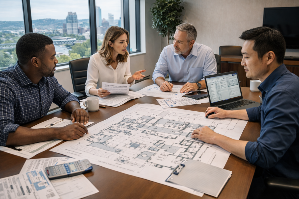 Business team planning an office relocation in Portland with floor plans and logistics coordination