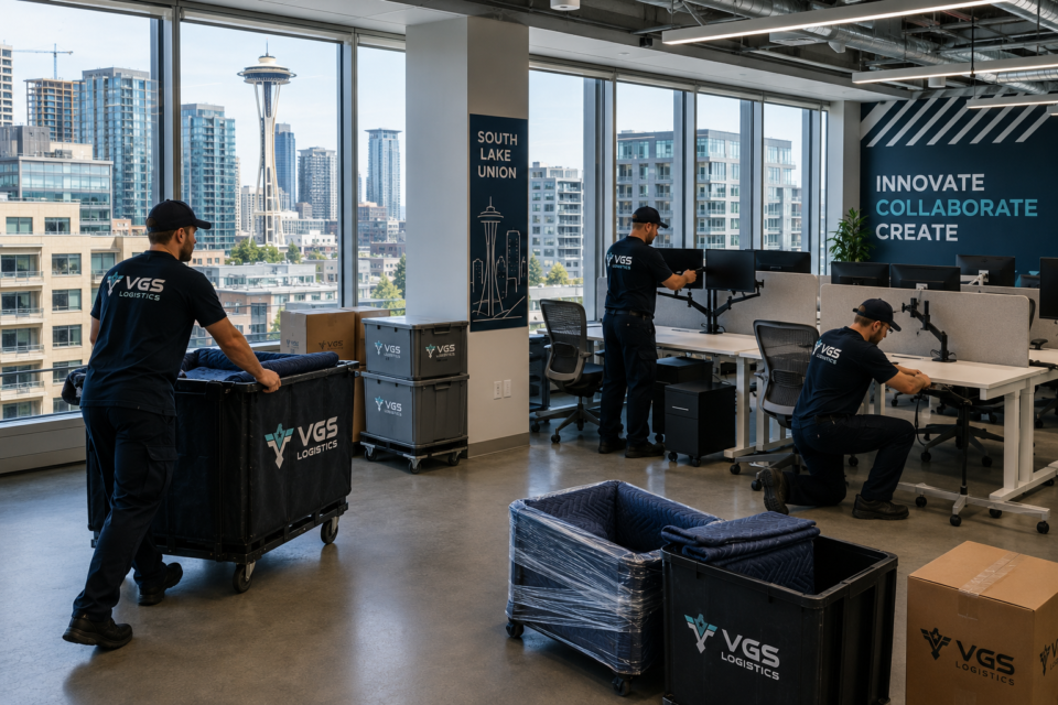 A hyper-realistic office relocation taking place in South Lake Union, featuring a modern technology office environment with floor-to-ceiling windows, collaborative workspaces, and professional movers installing workstations and monitors. Exterior glimpses should reflect the contemporary architecture typical of Seattle's South Lake Union technology district.