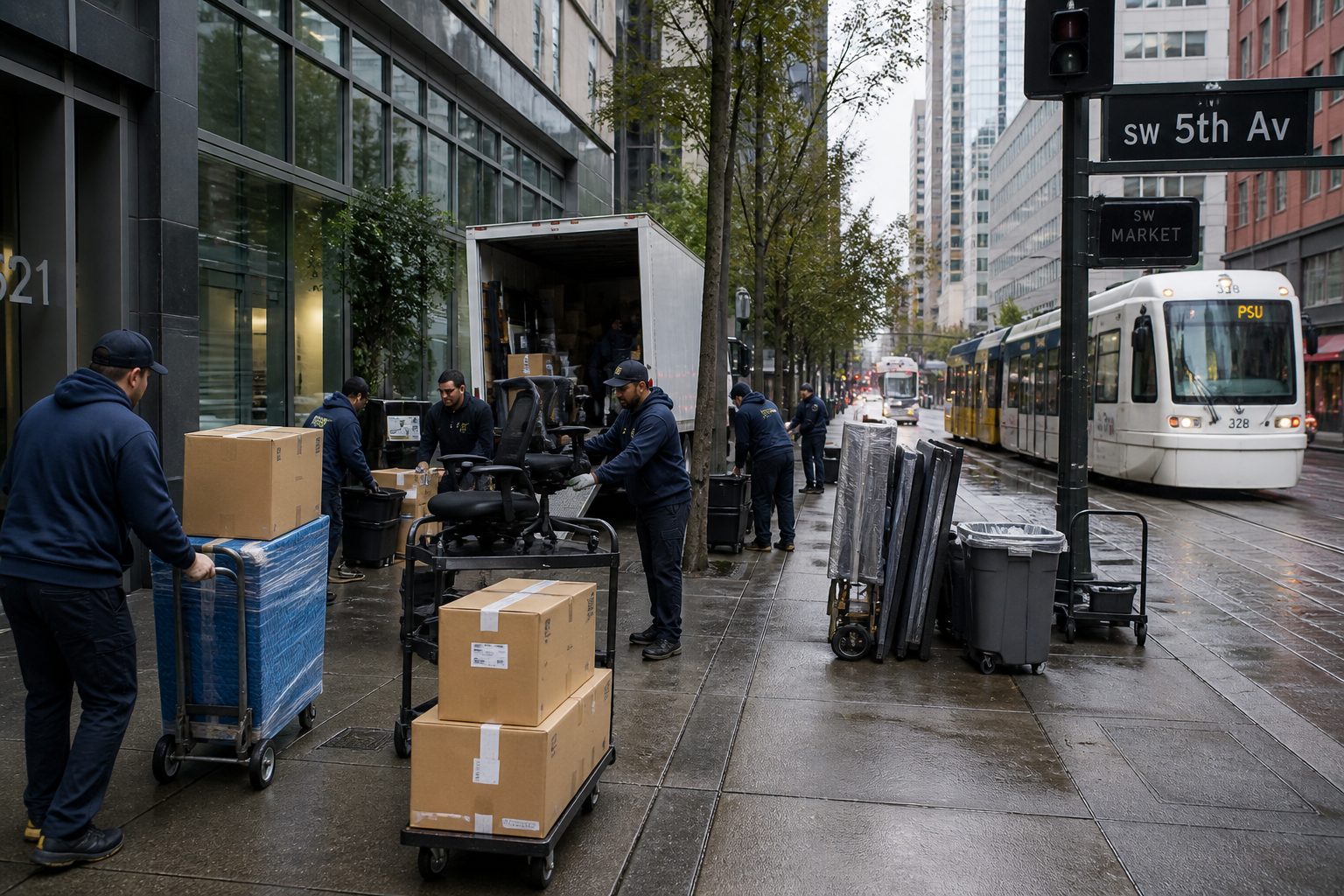 Commercial office relocation in progress near SW Market Street and 5th Avenue in Downtown Portland with moving team and equipment.