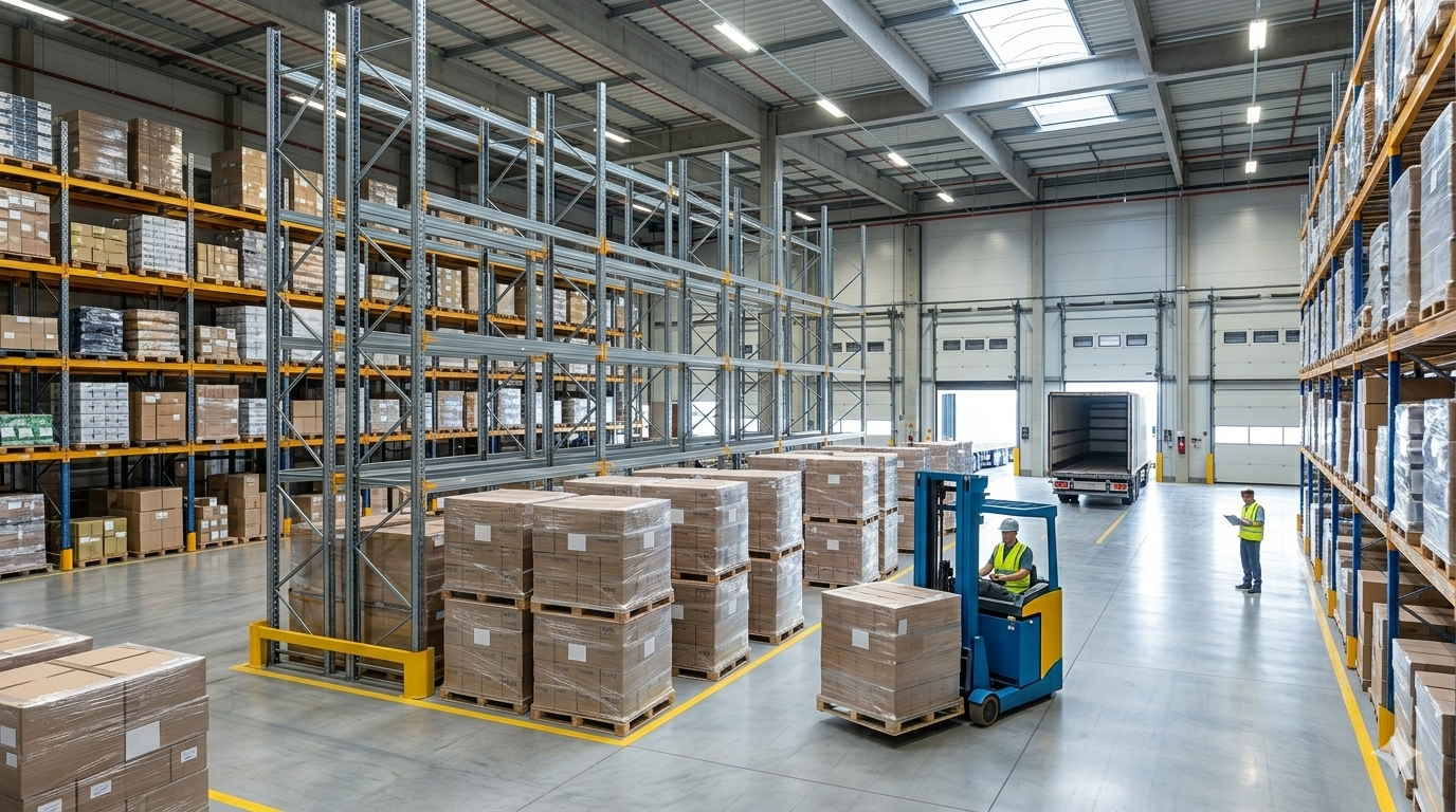 Distribution warehouse during relocation with pallet racking, staged pallets, and a forklift loading at the dock